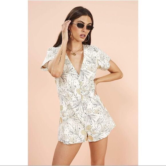 Minkpink Wild Coast Linen Tropical Leaf Print Playsuit (Size:Large) - Picture 1 of 14